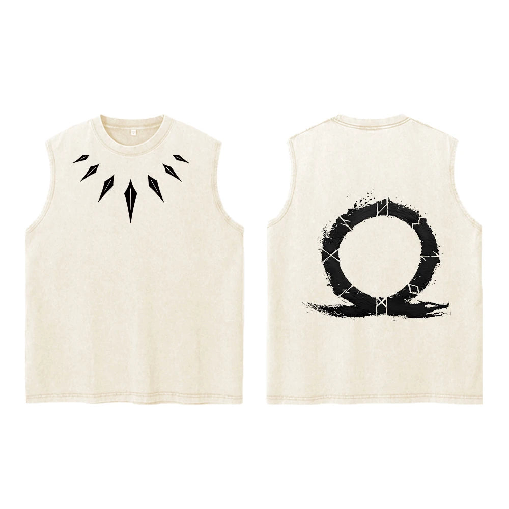 Men's Vintage Washed Vest Stylish Pure Cotton Printed Round Neck Sleeveless Top Summer Trendy Casual Loose Everyday Wear