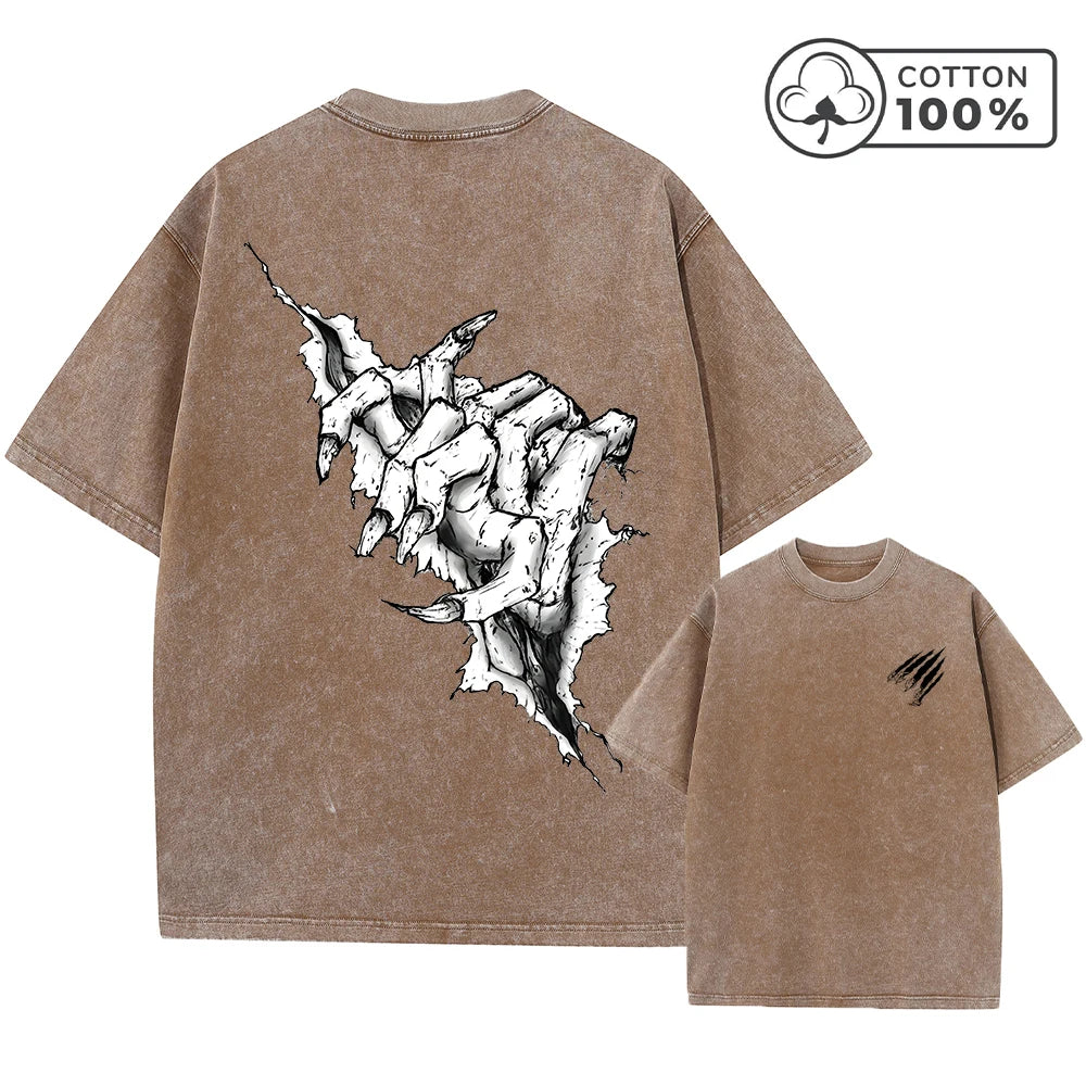 Men's Distressed Washed T-Shirt With Ripped Claw Print Vintage Pure Cotton Short Sleeve Comfortable And Breathable Training Top