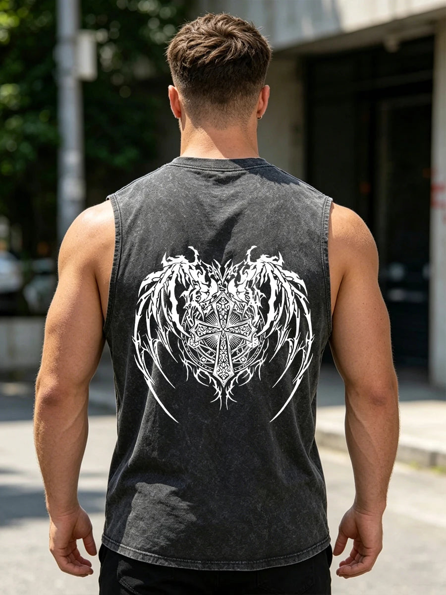 Men's Retro Washed Vest With Cross Wing Print Loose Fit Casual Pure Cotton Sleeveless Top Summer Fitness Running Base Shirt
