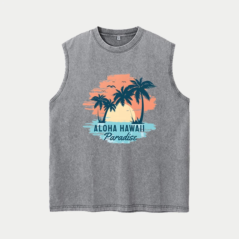 Men's Coconut Tree Print Washable Vest Summer Loose Casual Pure Cotton Short Sleeve Retro Street Style Machine Washable