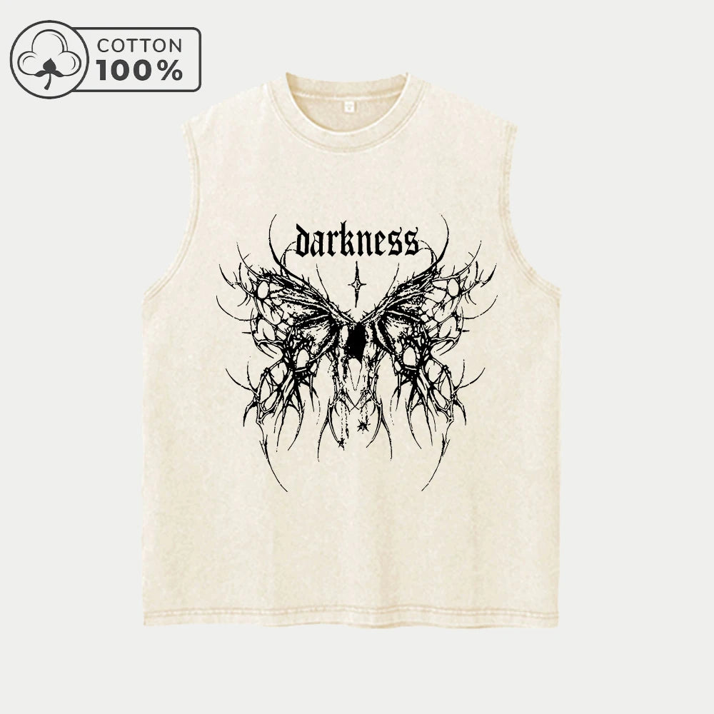 Men's Simple Butterfly Print Retro Washed Vest Summer Casual Heavyweight Pure Cotton Sleeveless Vest Street Style Loose Top