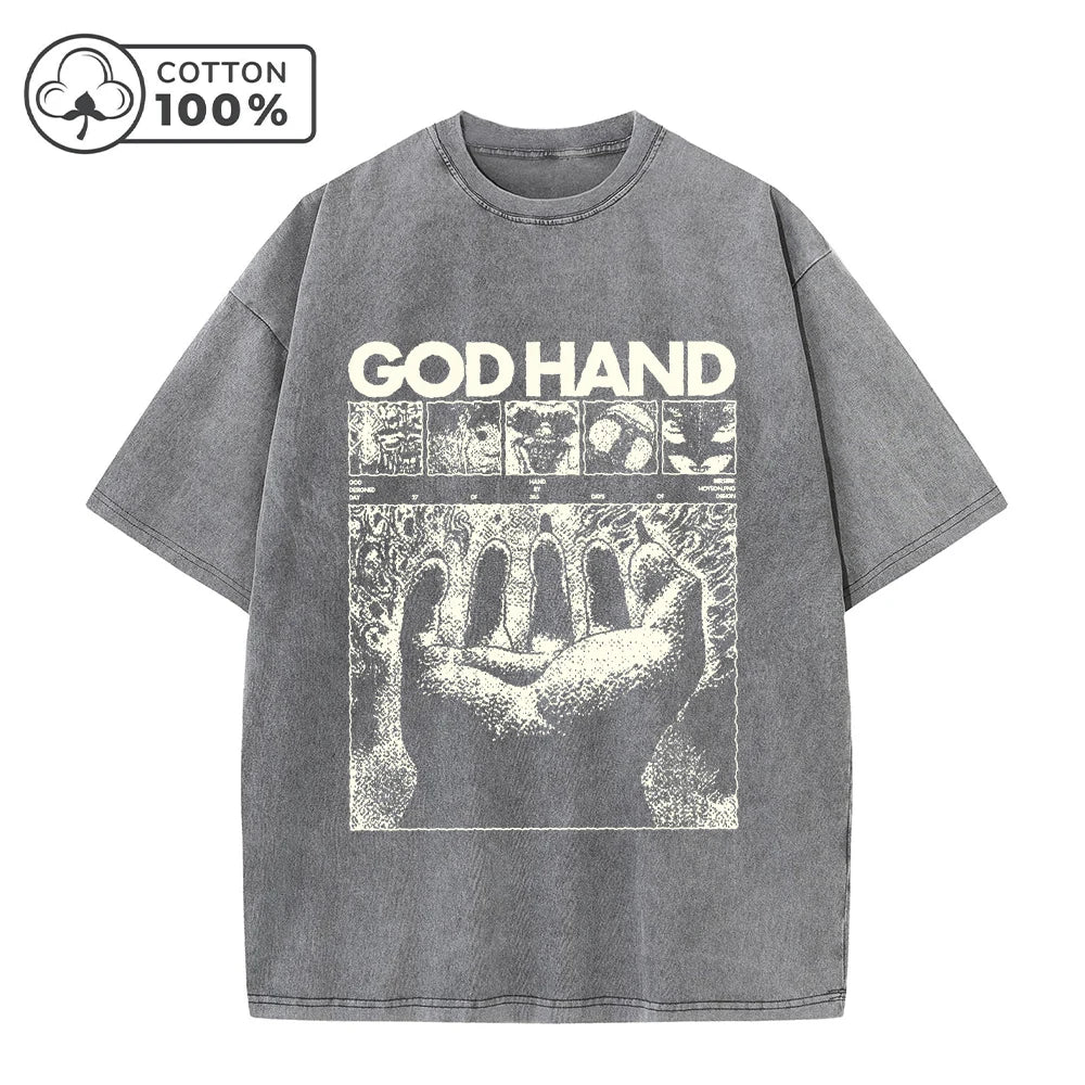 Men's Distressed Washed T-Shirt Trendy God s Hand Print Vintage Pure Cotton Short Sleeve Comfortable And Breathable Training Top