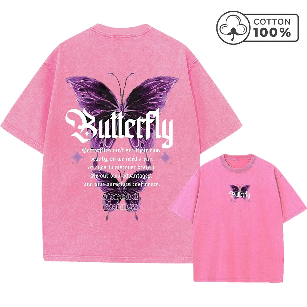 Men's Street Style Butterfly Print Washed T-Shirt Summer Distressed Loose Casual Fashion Short Sleeved Gym And Commuter Top
