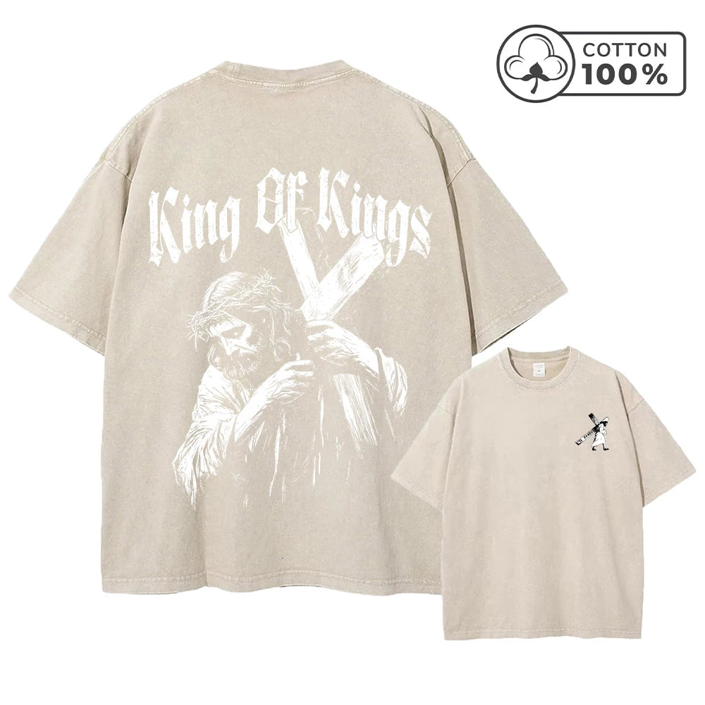 Men's Trendy Jesus Cross Print Distressed Washed T-Shirt Loose Casual Pure Cotton Crew Neck Short Sleeve Daily Commute Top