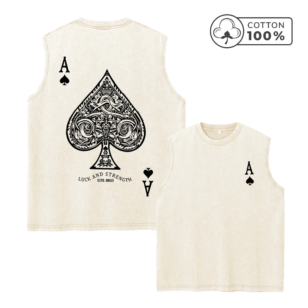 Men's Gothic Style Spade Ace Print Vintage Washed Vest Summer Gym Commuter Top Distressed Casual Fashion Pure Cotton Vest