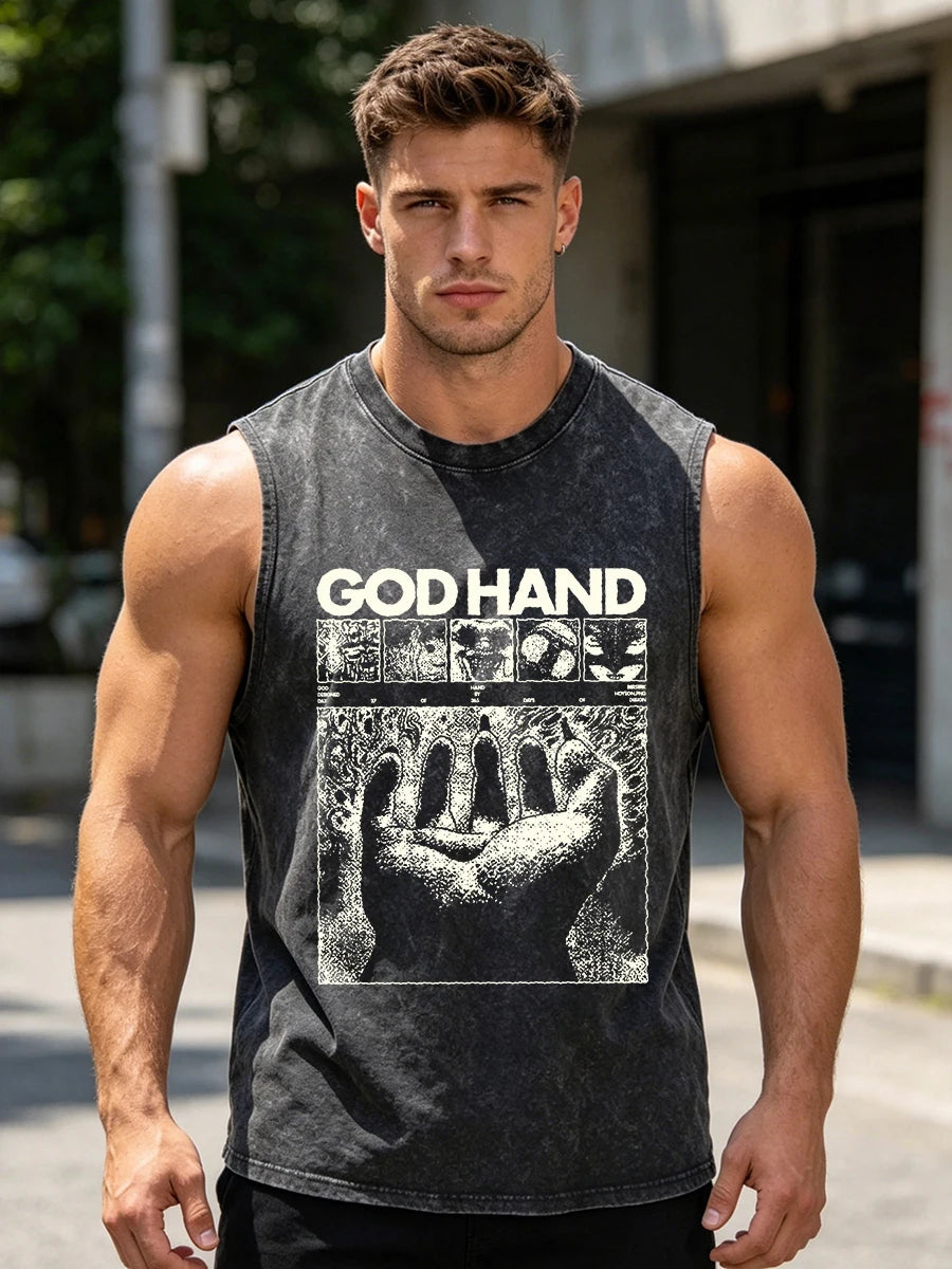 Men's Fashion God's Hand Print Washed Vest Loose Casual Pure Cotton Fitness Commuter Sleeveless Vest Summer Running Top