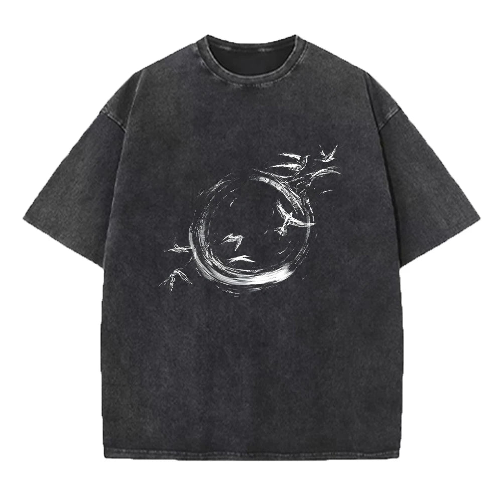 Summer Creative Print Washed T-Shirt Loose Casual Fashion Retro Street Style Short Sleeve Top For Everyday Commute Unisex