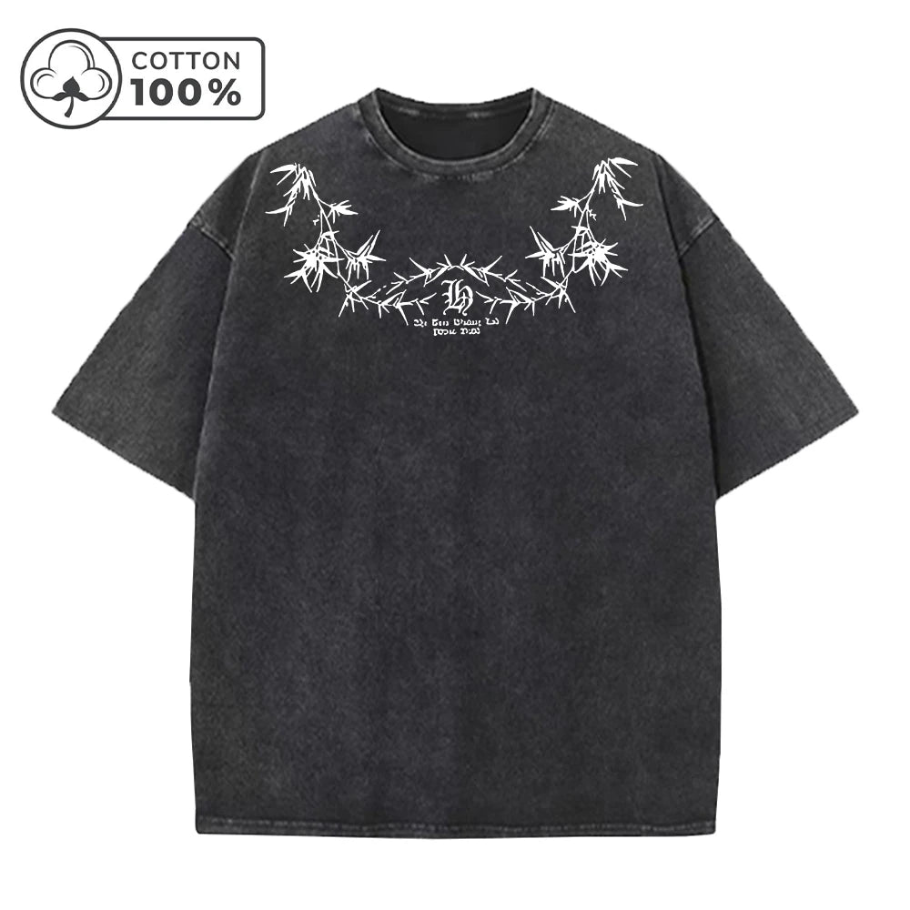 Men's Street Style Washed T-Shirt With Unique Bamboo Leaf Print Retro Pure Cotton Short Sleeve Top Casual Daily Commute