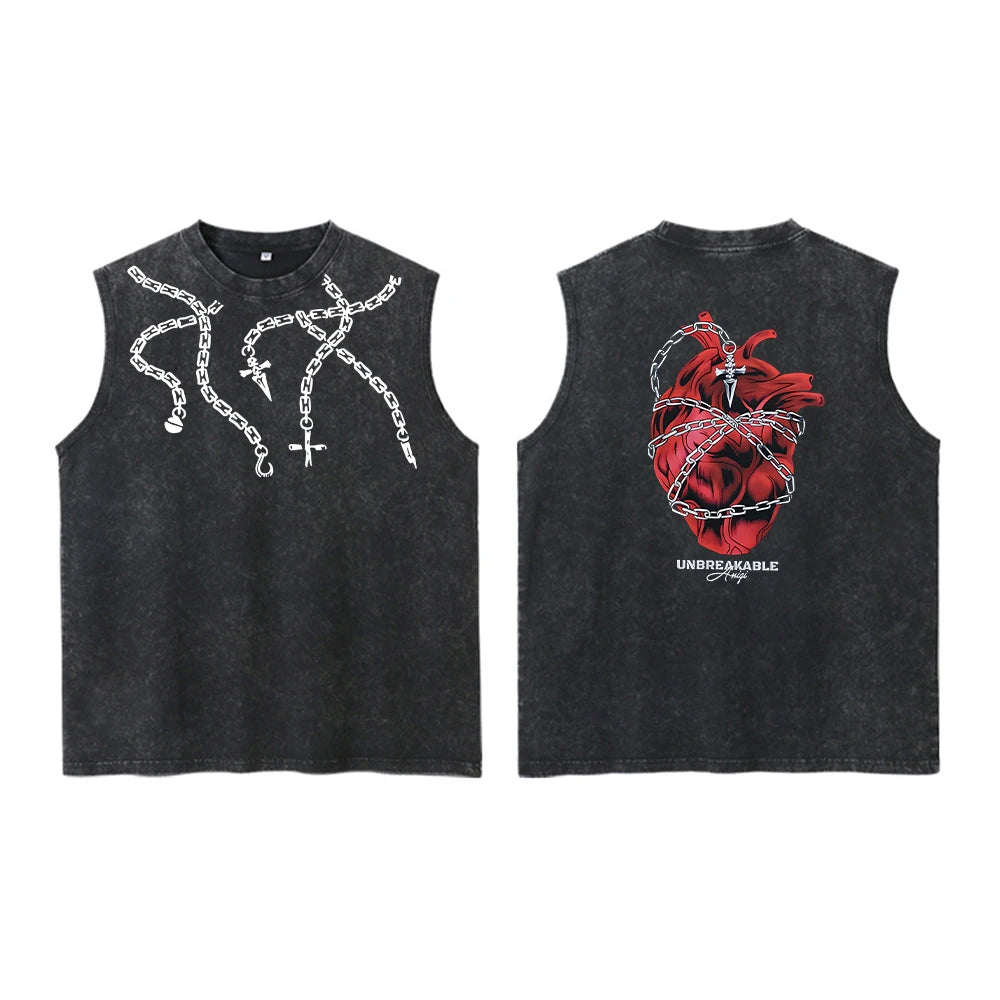 Anime Hunter X Hunter Acid Vest Retro Vintage Printed Washed Graphic Vest Men Harajuku Y2k Cotton Casual Tshirt Tops Unisex