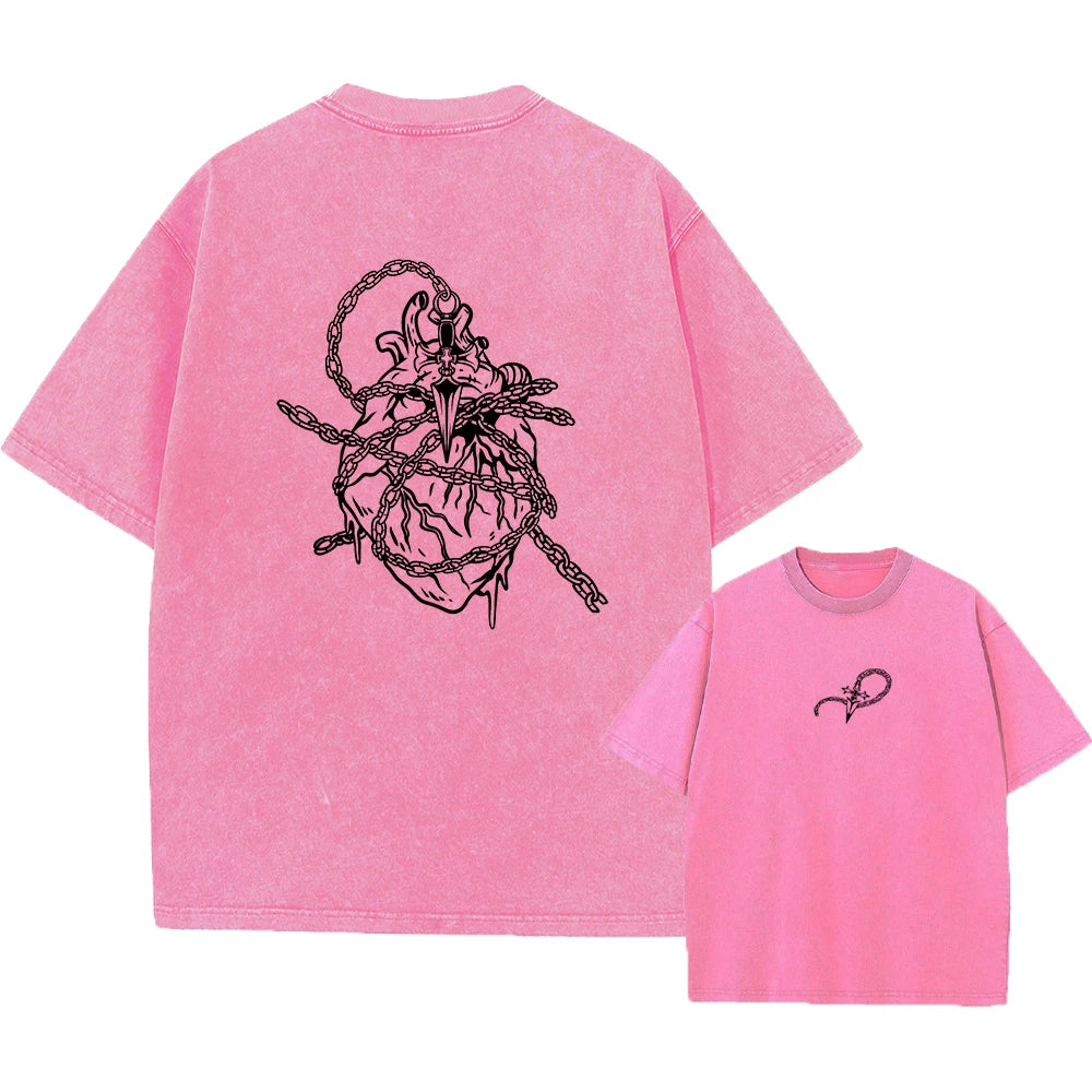 Summer Casual Printed Washed T-Shirt Loose Fitting Crew Neck Top Suitable For Everyday Commute And Lounging At Home Unisex Style