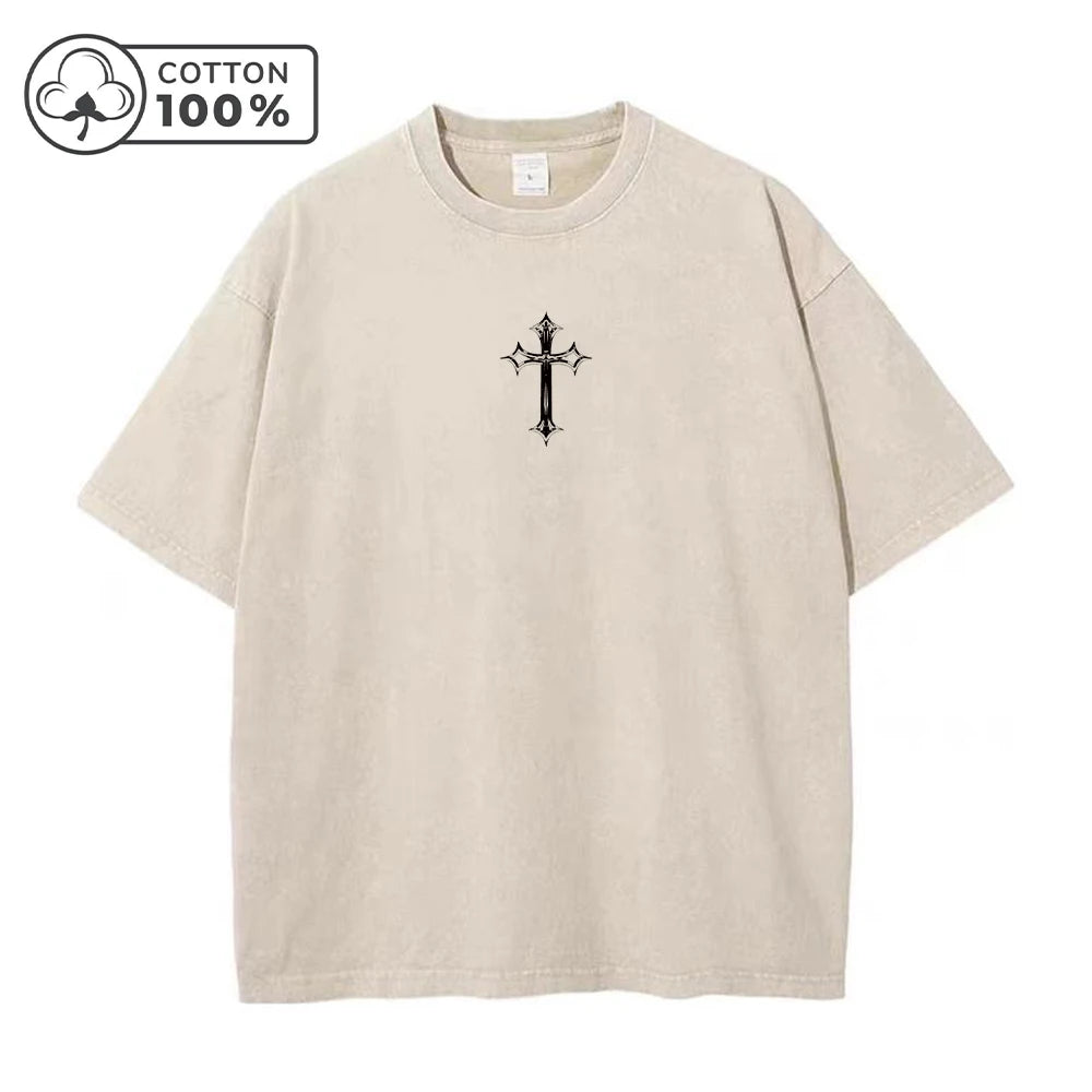 Men's Distressed Washed T-Shirt With Cross Print Retro Pure Cotton Short Sleeve Comfortable And Breathable Training Top