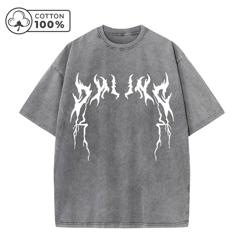 Men's Creative Thorn Print Washed T-Shirt Summer Distressed Loose Fitting Casual Fashion Short Sleeve Gym And Commuter Top