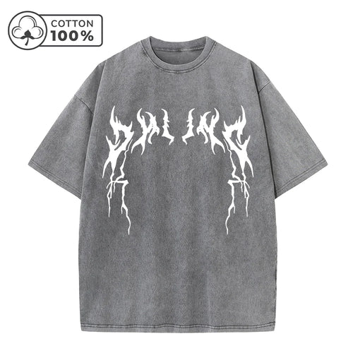 Men's Creative Thorn Print Washed T-Shirt Summer Distressed Loose Fitting Casual Fashion Short Sleeve Gym And Commuter Top