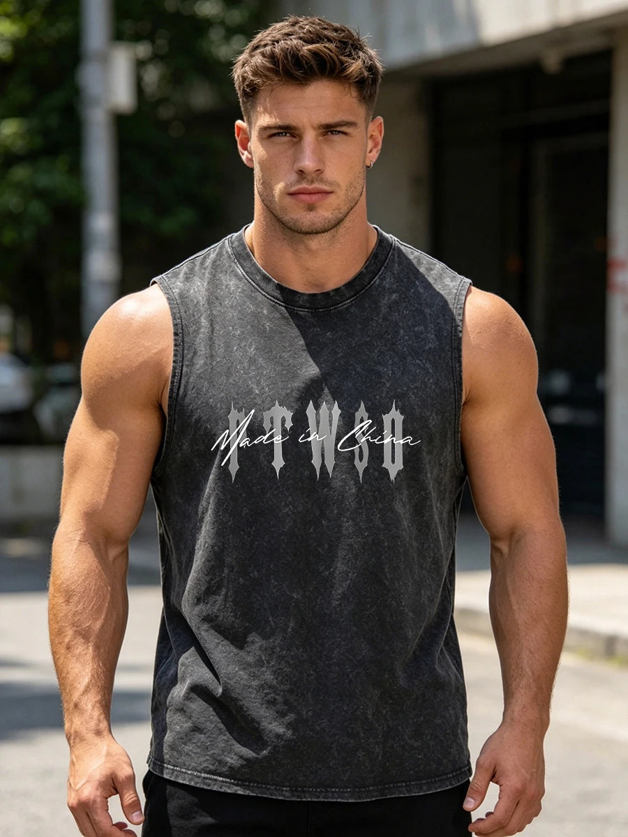 Men's Fashion Washed Vest With Twisted Text Print Pure Cotton Sleeveless Fitness T Shirt Loose Fit Casual Commuter Sports Top