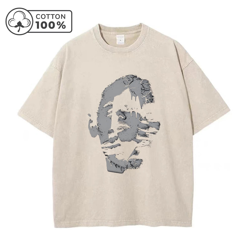Men's Distressed Washed T-Shirt Personalized Face Print Retro Pure Cotton Short Sleeve Comfortable And Breathable Training Top