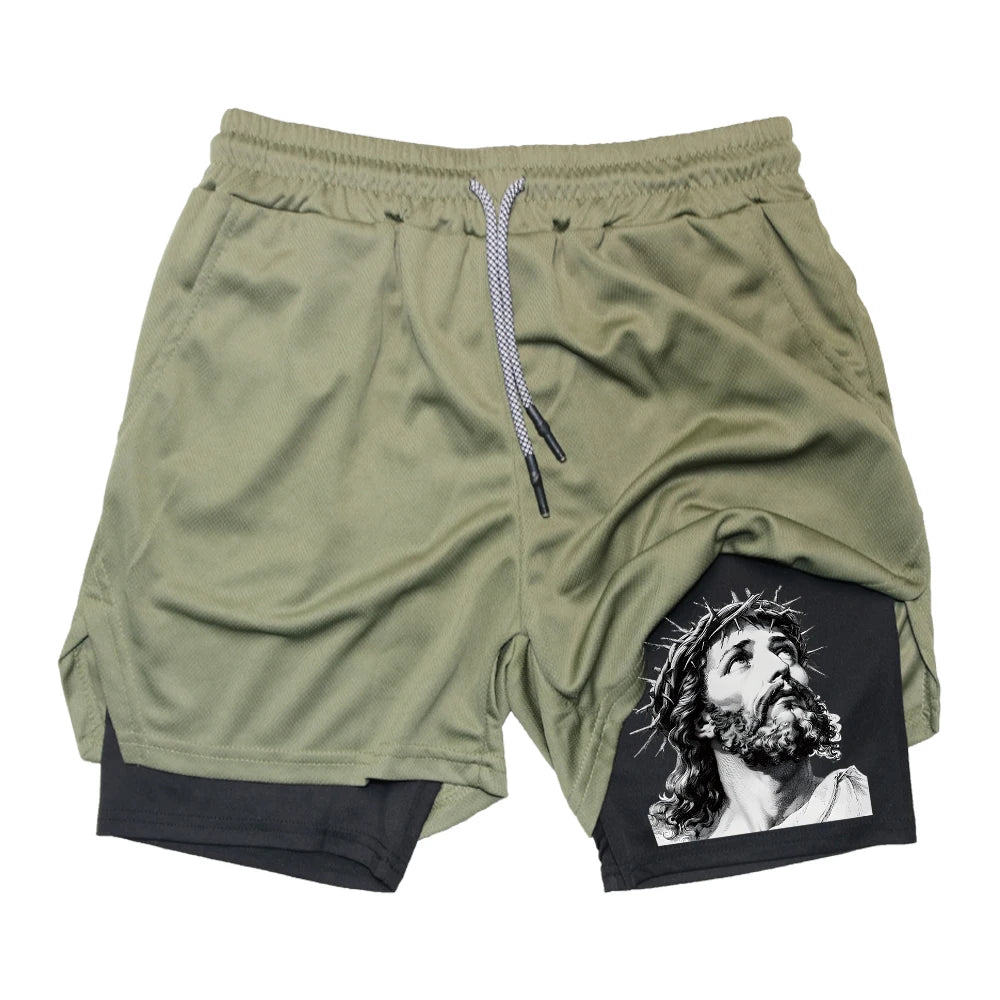 Men's Quick-Drying Athletic Shorts With Jesus Head Print Multiple Pockets Suitable For Fitness Training And Everyday Wear