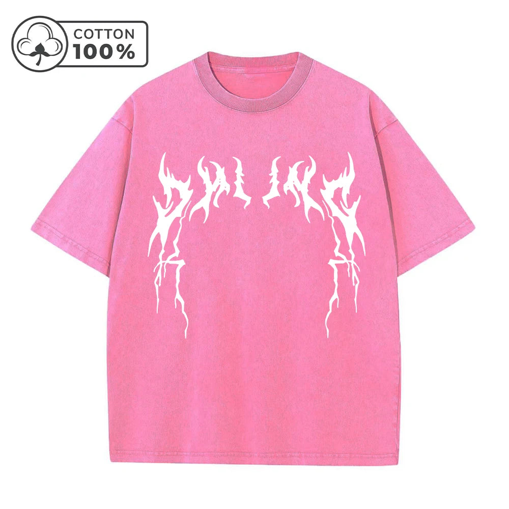 Men's Creative Thorn Print Washed T-Shirt Summer Distressed Loose Fitting Casual Fashion Short Sleeve Gym And Commuter Top