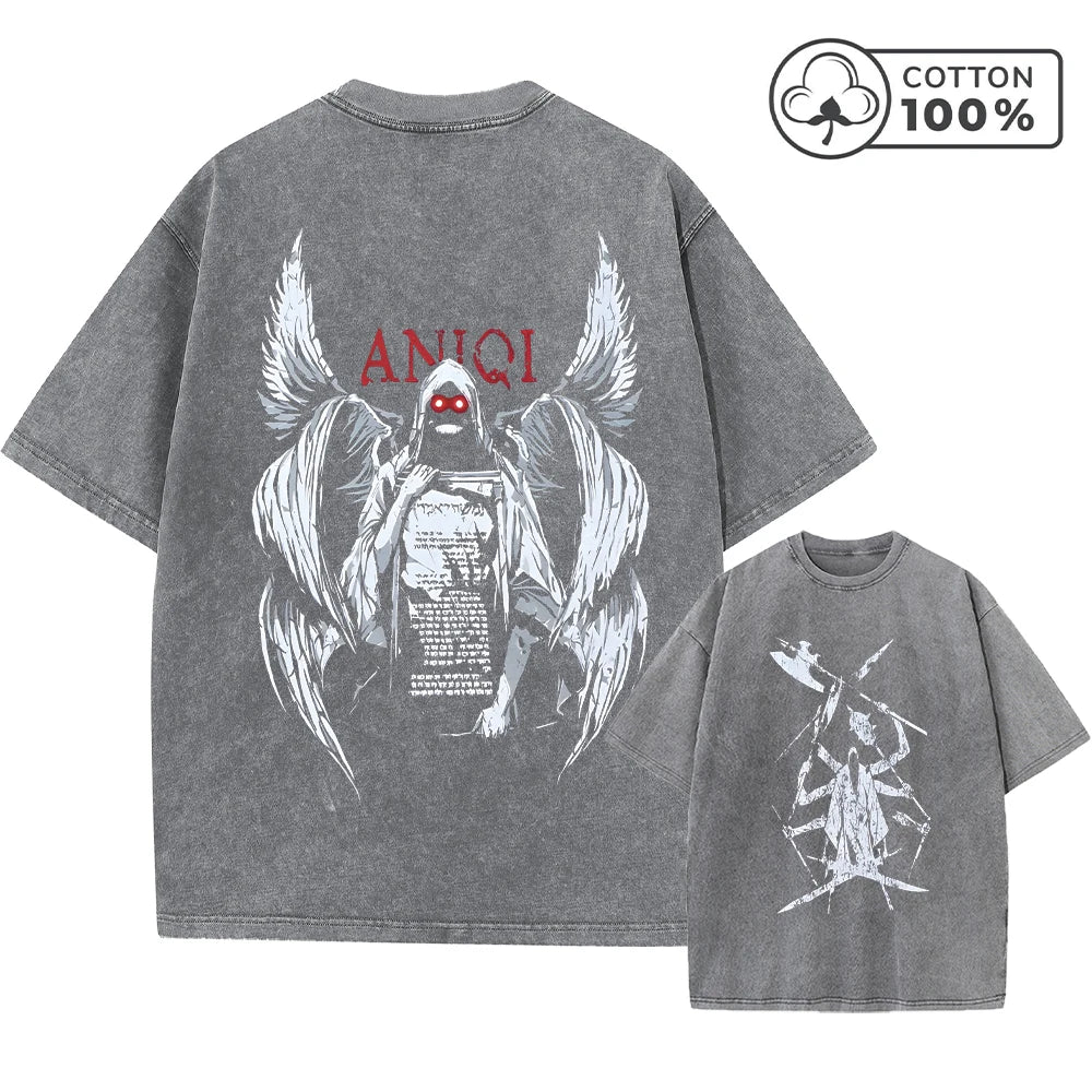 Men's Distressed Washed T-Shirt With Grim Reaper Print Retro Pure Cotton Short Sleeve Comfortable And Breathable Training Top