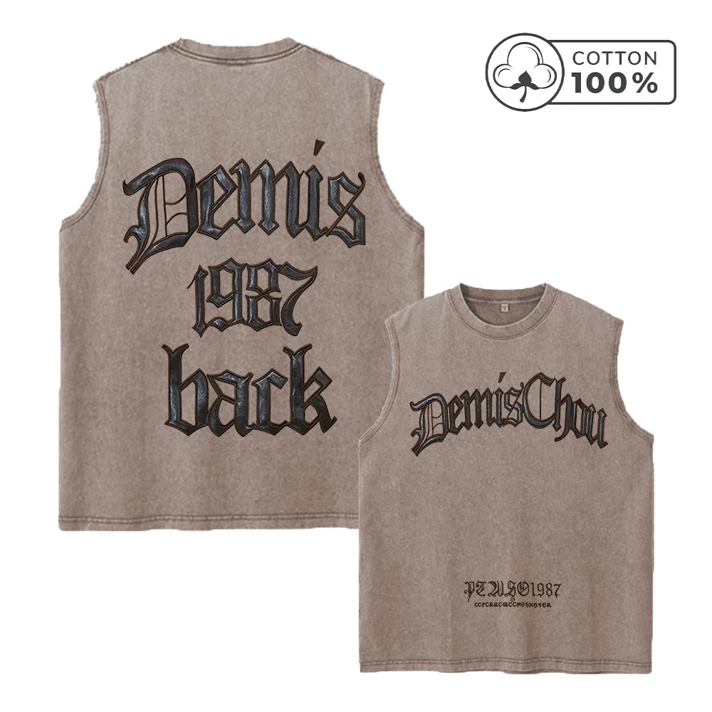 Men's Heavyweight Pure Cotton Washed Sleeveless Vest Trendy Gothic Font Print Top Retro Distressed Vest 2026 New Arrival