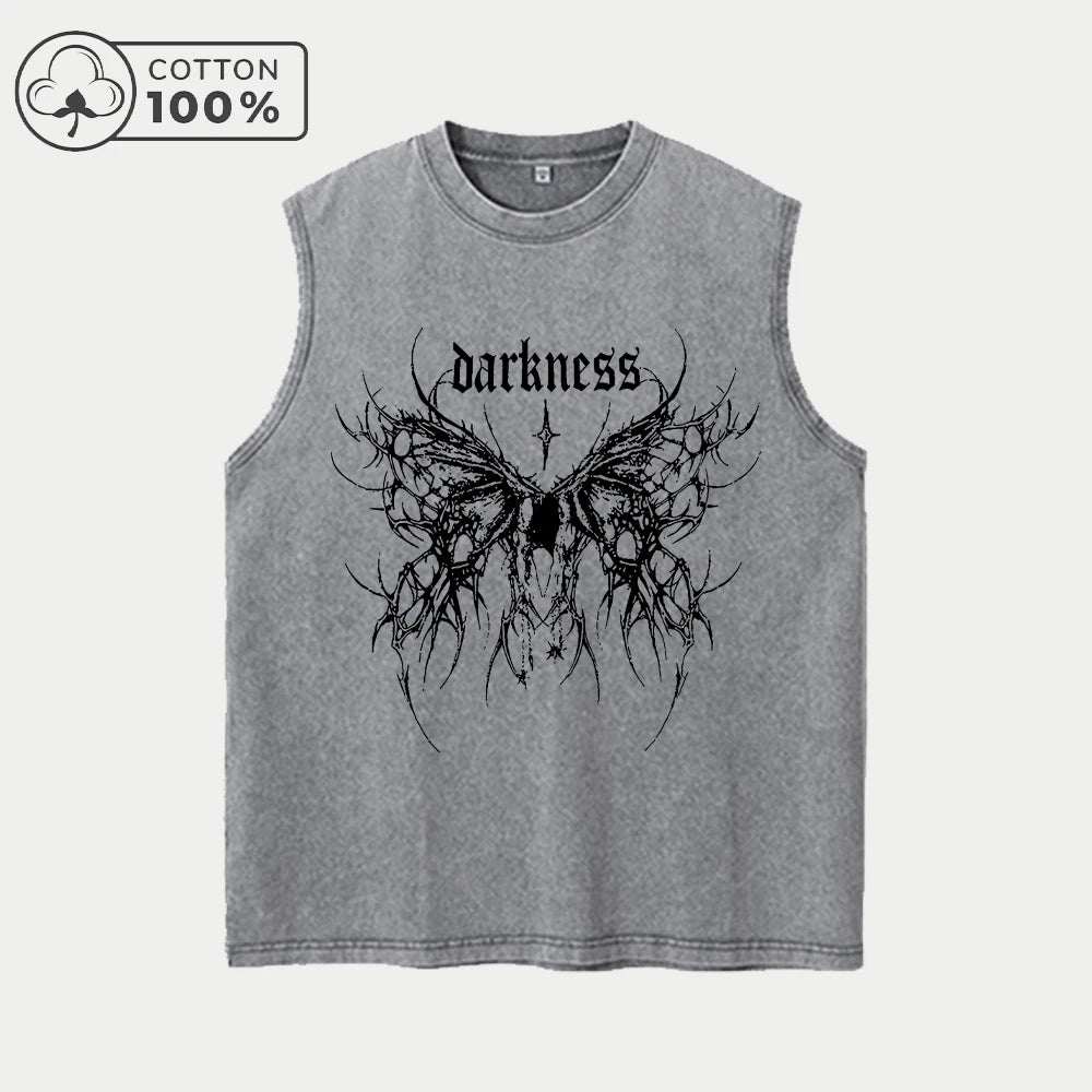 Men's Simple Butterfly Print Retro Washed Vest Summer Casual Heavyweight Pure Cotton Sleeveless Vest Street Style Loose Top
