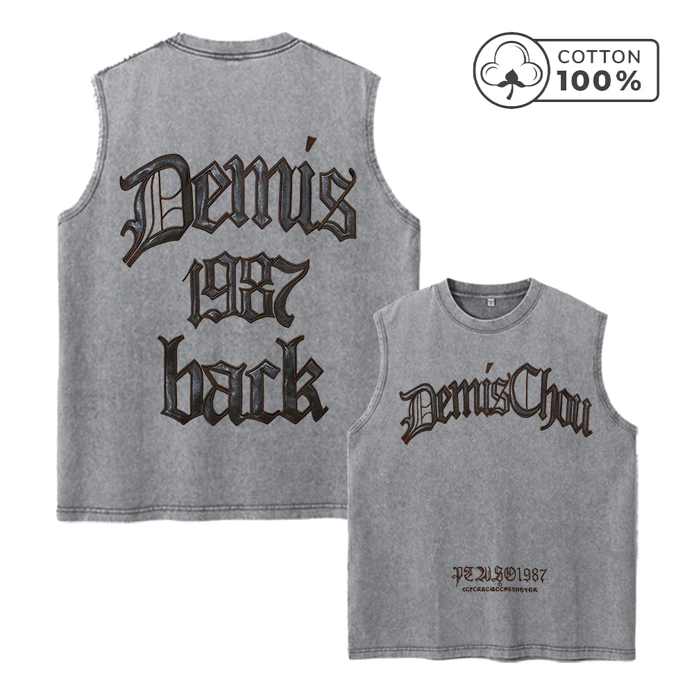 Men's Heavyweight Pure Cotton Washed Sleeveless Vest Trendy Gothic Font Print Top Retro Distressed Vest 2026 New Arrival