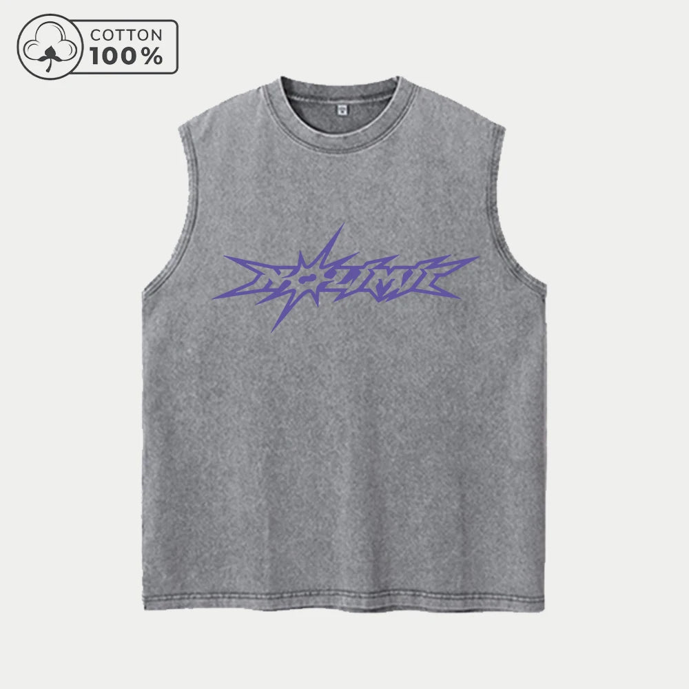 Men's Distressed Washed Vest With Creative Explosion Shape Text Print  Pure Cotton Casual Sleeveless T-Shirt Street Style Top