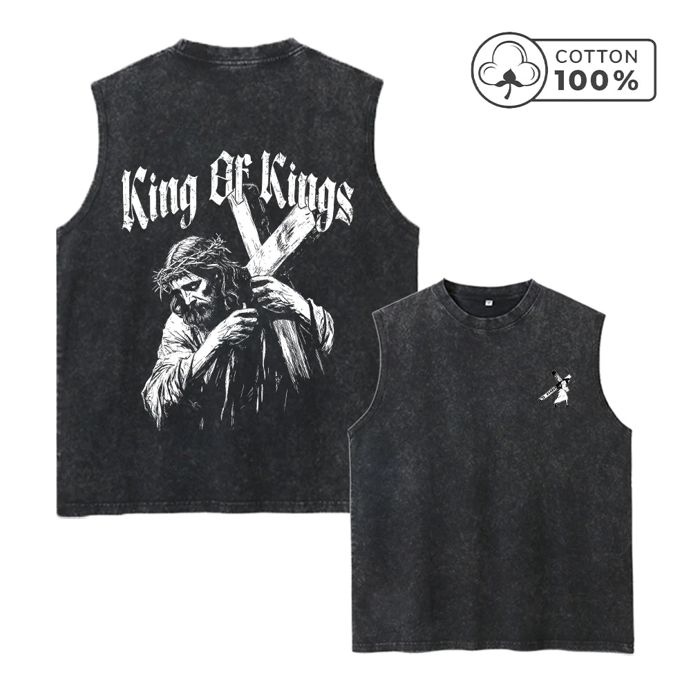 Men's Distressed Washed Vest With Jesus Cross Print Summer Pure Cotton Casual Sleeveless T-Shirt Vintage Street Style Top