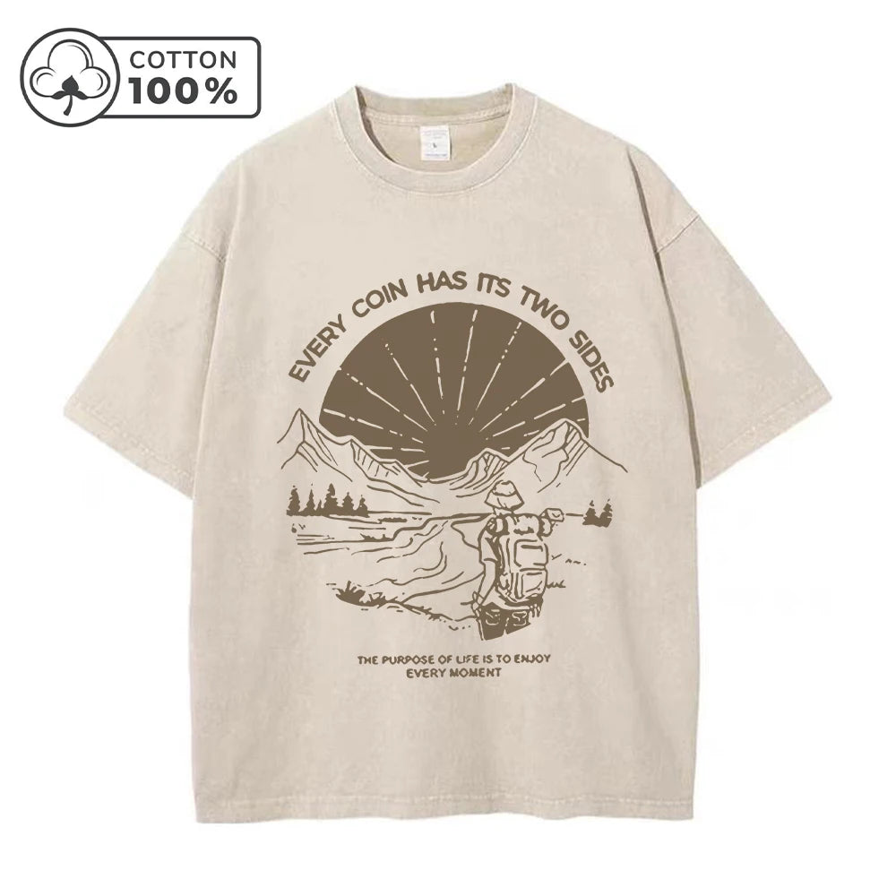 Men's Retro Casual Washed T-Shirt Summer Fashion Landscape Print Pure Cotton Crew Neck Short Sleeve Street Commuter Top