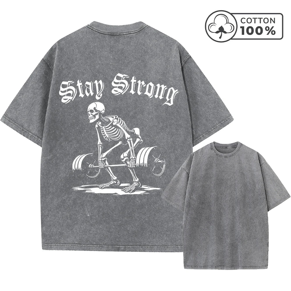 Men's Creative Skull Weightlifting Print Washed T-Shirt Trendy Fitness Top Summer Casual Pure Cotton Breathable Short Sleeve Top