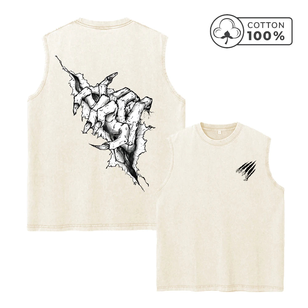 Men's Unique Claw Print Washed Vest Loose Casual Pure Cotton Fitness Commuter Retro Sleeveless Vest Summer Running Top