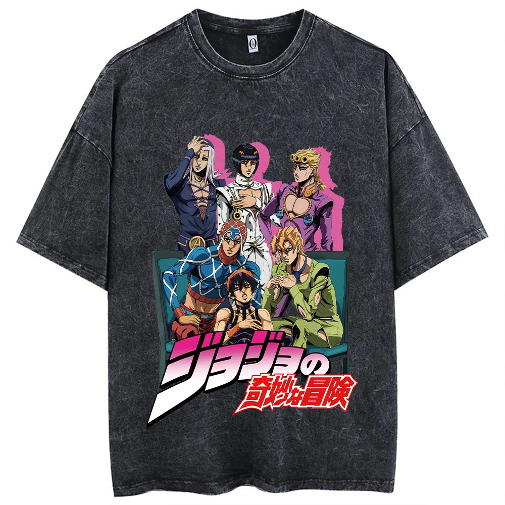 Y2k Washed T-shirts For Men Anime JoJo's Bizarre Adventure Short Tshirts Women Tops Graphic Printed TShirt Short Sleeve Unisex
