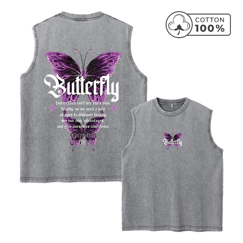 Men's Unique Butterfly And Letter Print Washed Vest Summer Fitness And Commute Top Distressed Casual Fashion Pure Cotton Vest