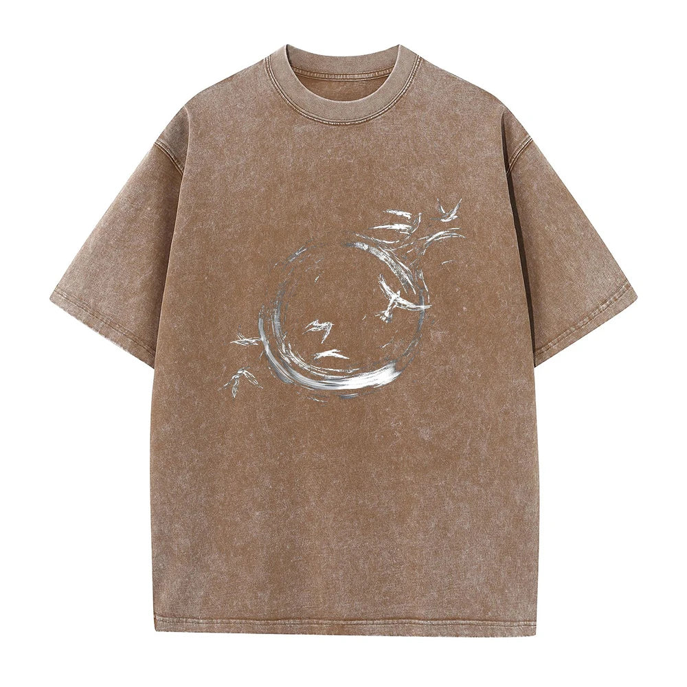Summer Creative Print Washed T-Shirt Loose Casual Fashion Retro Street Style Short Sleeve Top For Everyday Commute Unisex