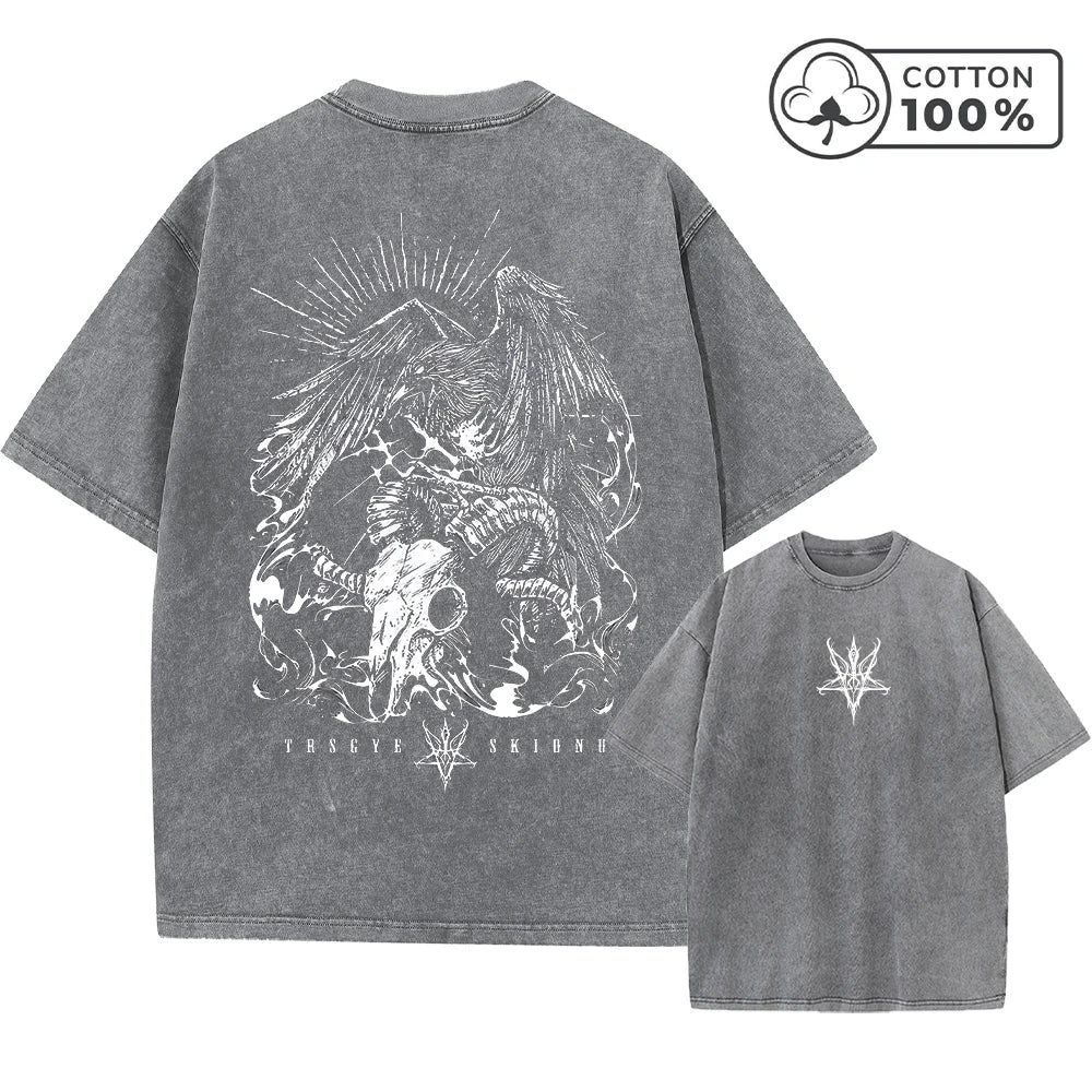 Men's Street Style Washed T-Shirt With Eagle And Ram's Head Print Retro Pure Cotton Short Sleeve Top Casual Daily Commute