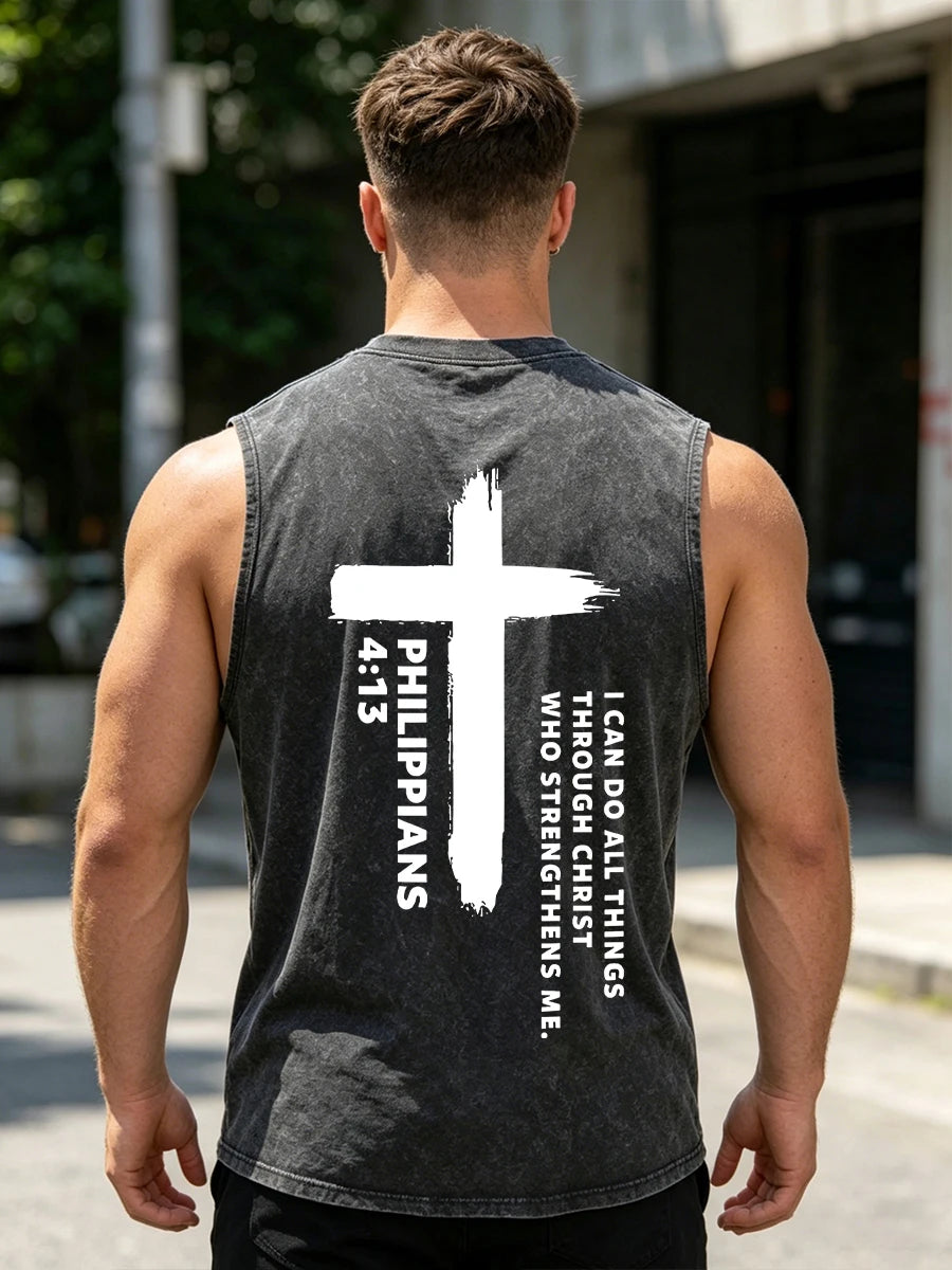 Men's Fashion Cross Print Retro Pure Cotton Washed Vest Summer Casual Sleeveless T-Shirt Daily Commute Outdoor Fitness Top