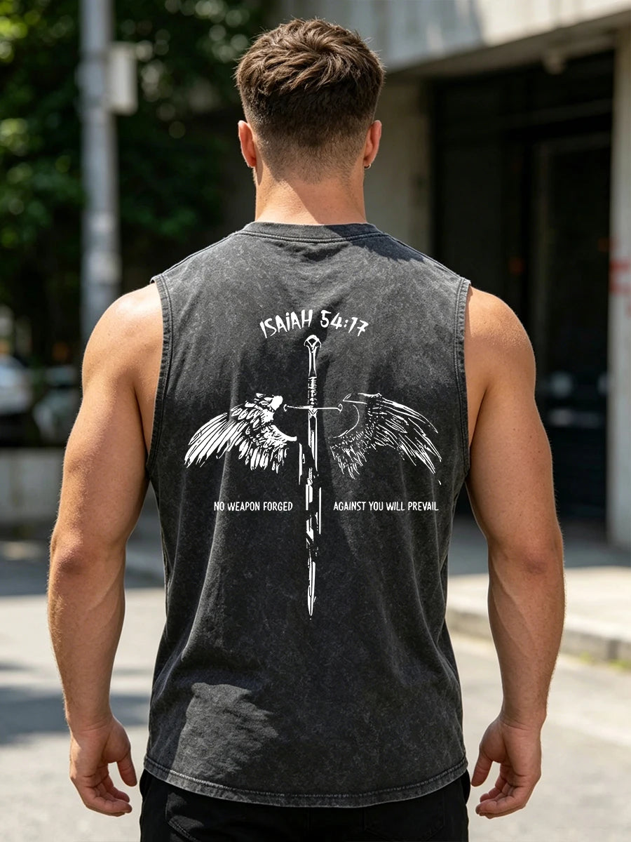 Men's Casual Washed Vest With Sword And Wing Print Loose Fit Pure Cotton Summer Basketball Fitness Training Sleeveless Top