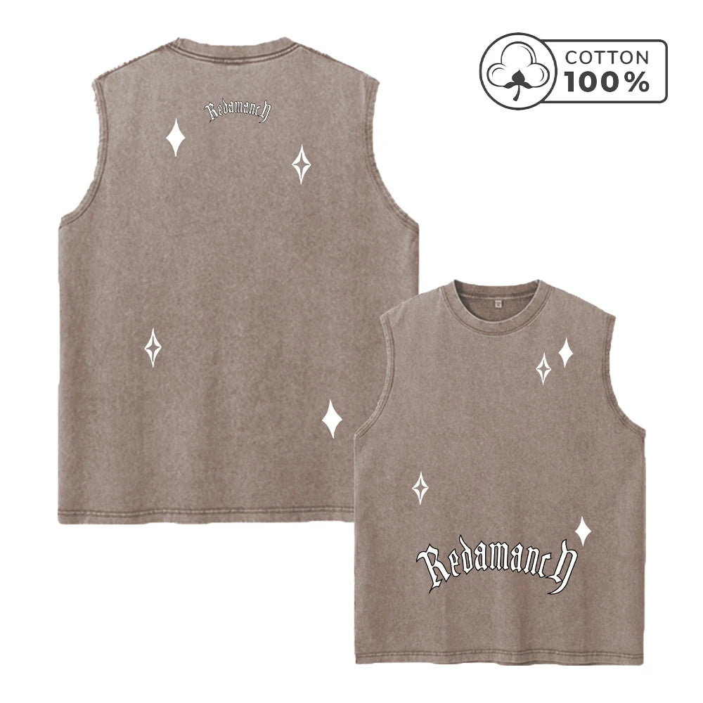 Men's Star And Letter Print Washed Vest Retro Street Style Loose Fitting Pure Cotton Sleeveless Top Summer Gym And Commute Vest