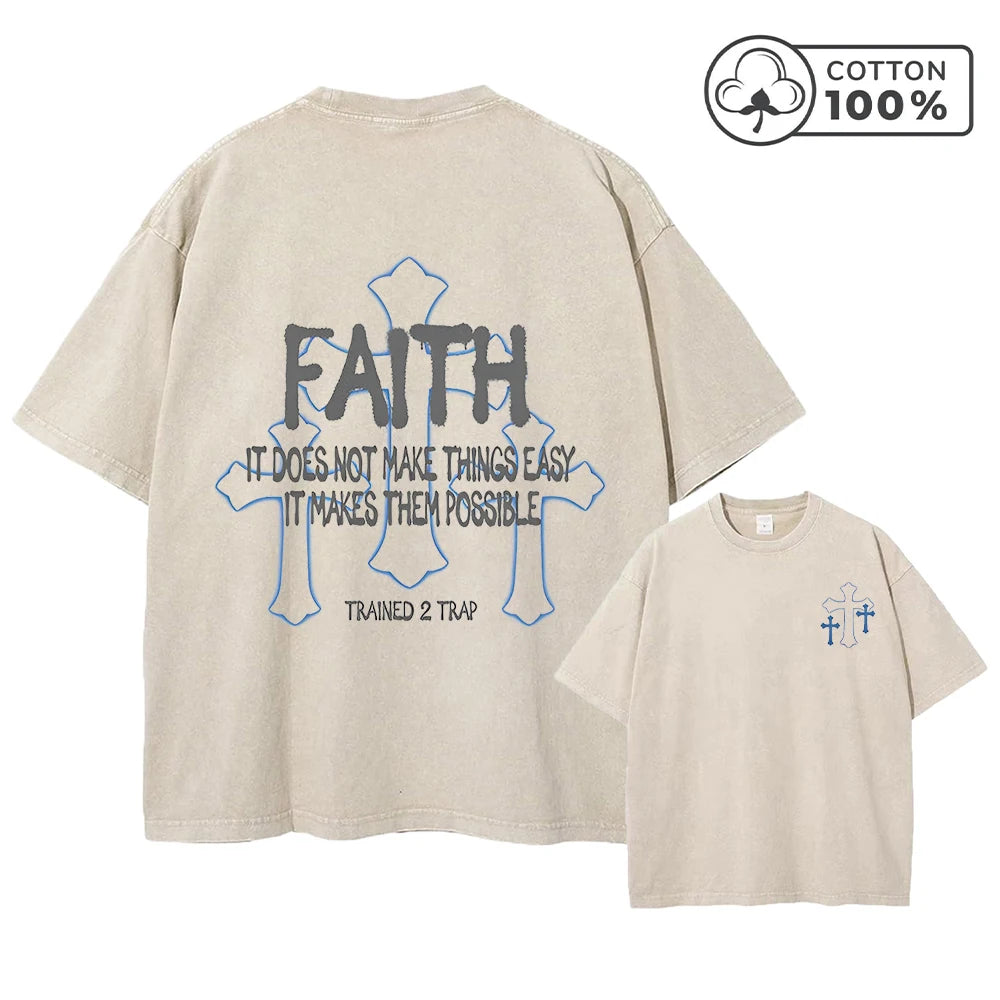 Men's Distressed Cross Print Retro Washed T-Shirt Summer Distressed Loose Casual Fashion Short Sleeve Gym And Commuter Top