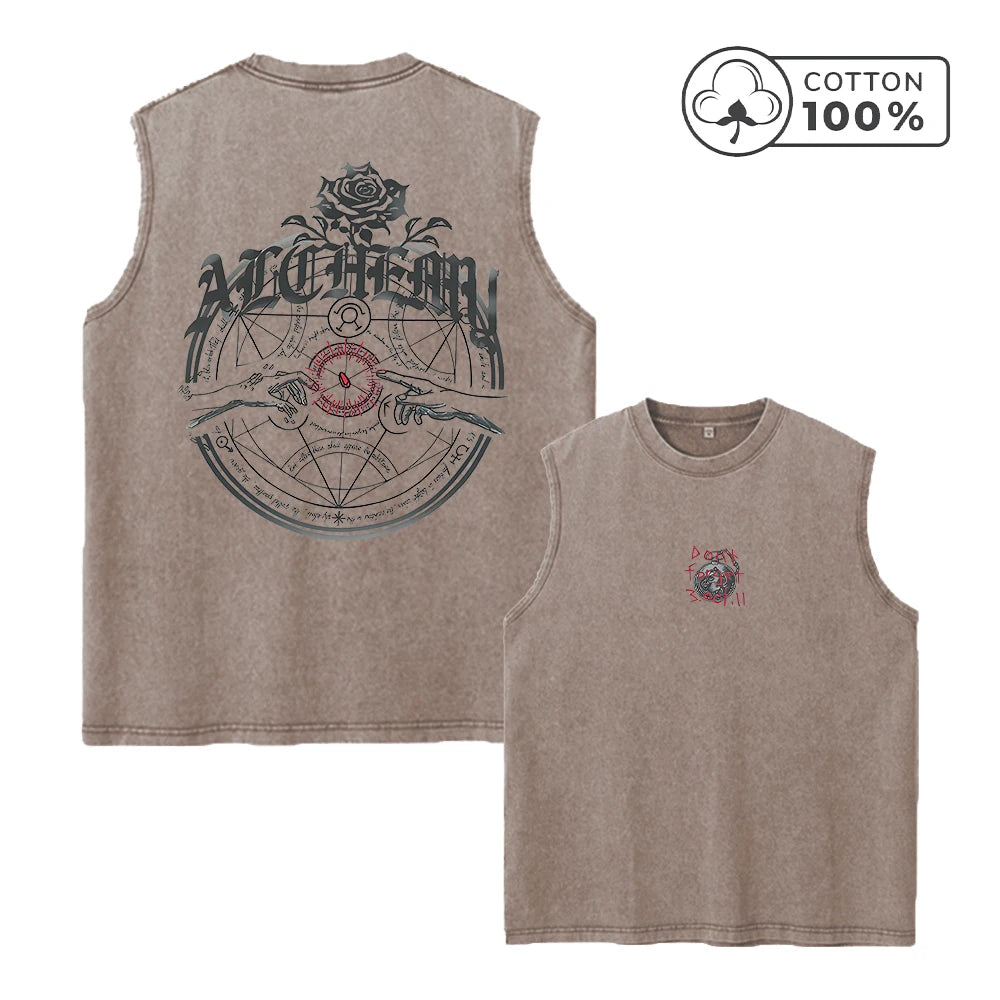 Men's Fashion Retro Washed Vest Summer Fitness Loose Casual Sleeveless T-Shirt With Personalized Pattern Print Pure Cotton Vest