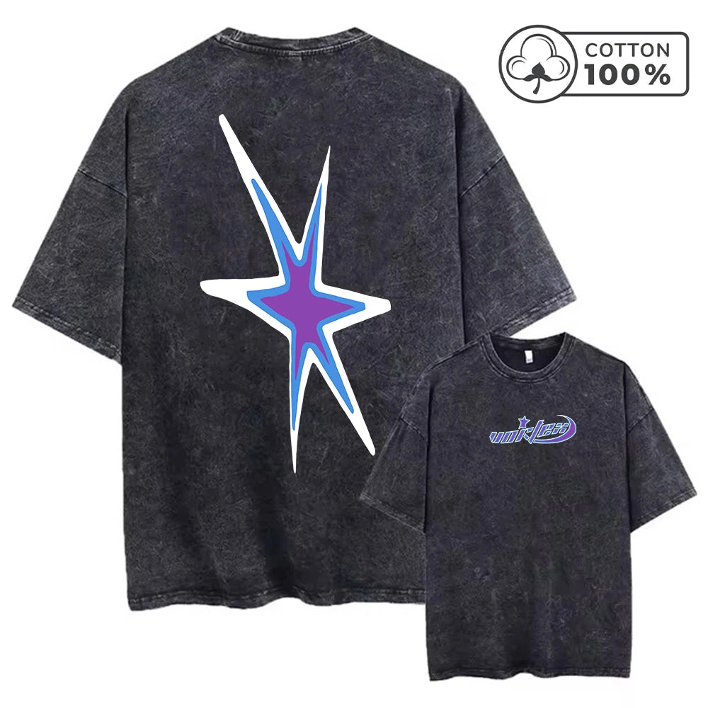 Men's Y2K Style Star Print Retro Washed T-Shirt Breathable Pure Cotton Casual Short Sleeved Summer Fitness Running Casual Top